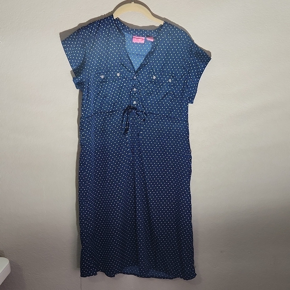 Times Dress Maternity Size M Polka Dot Navy Blue Tie Waste